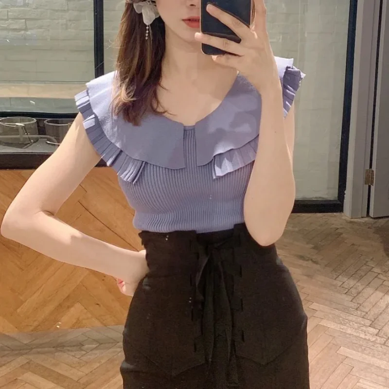 Neploe Japanese Spliced Rib Knitted Pull Femme Sweet Ruffled Sleeveless Sweater Women 2024 Summer Simple Stretch Y2k Clothes