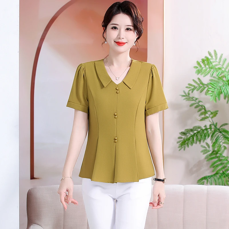 

Tops New Elegant Button Short sleeved Shirt Women summer Basic Wear Casual Retro Vintage Purple Blouses