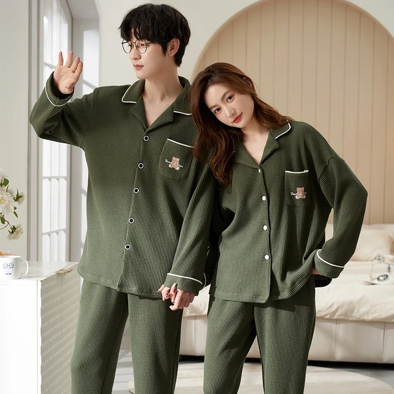 Spring Autumn Long-sleeved Korean Cardigan Cotton Sleepwear Two-piece Set Casual V-neck Cute Cartoon Loose Couples Pajamas