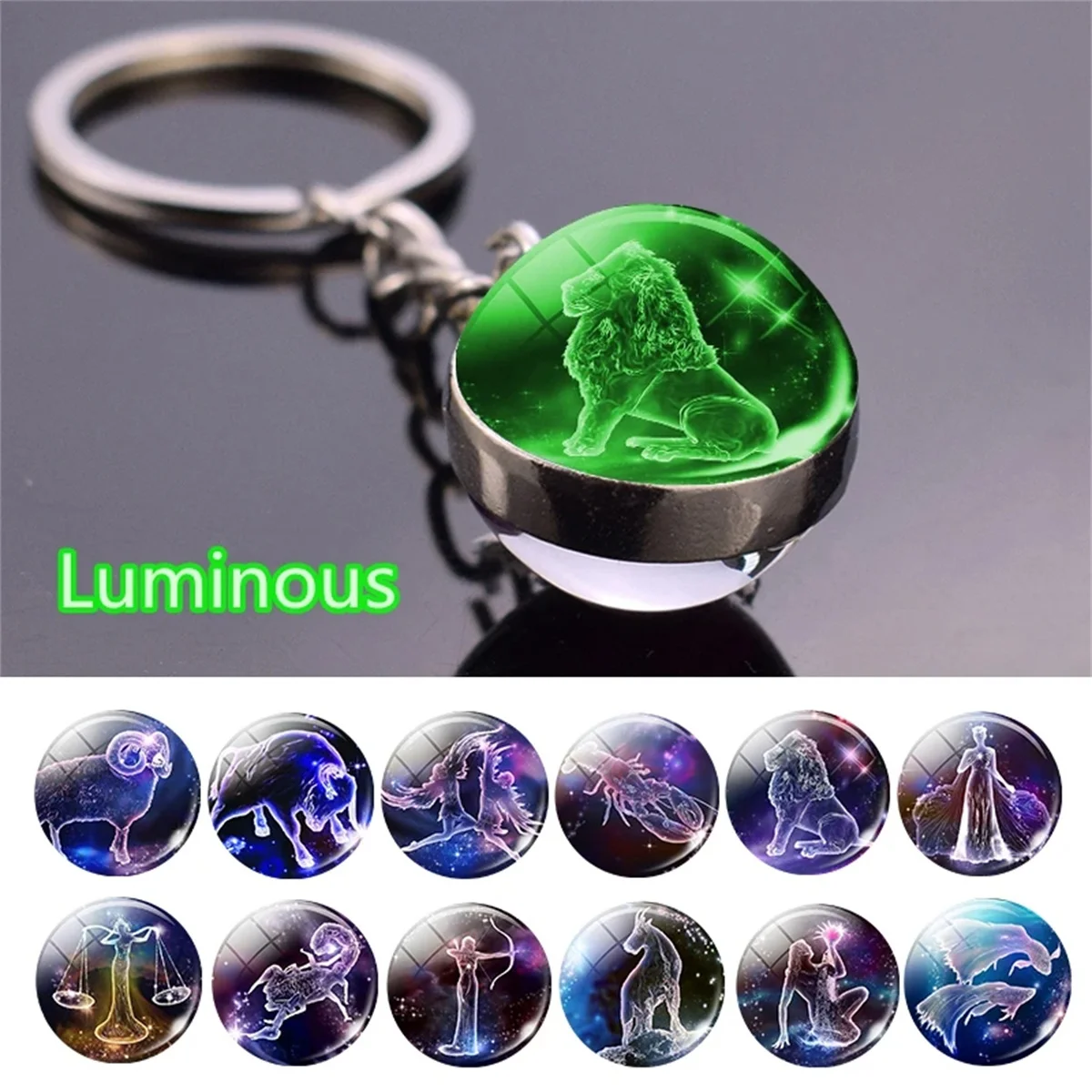 Creative 12 Constellation Key Ring Time Stone Double-Sided Glass Ball Metal Keychain Pendant Key Chain Accessories Fashion Gift