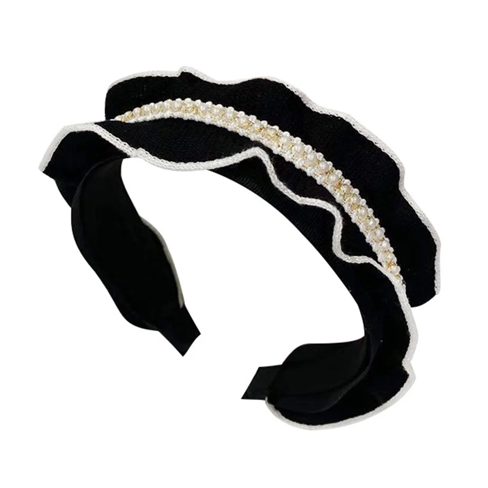 

Elegant Pearl Ruffled Headband Women Fabric Hairband Party Wedding Festival Decorative Female Hair Accessory Sparkly Diamond