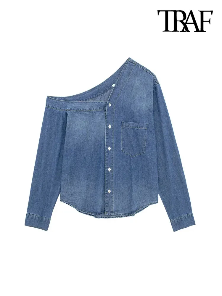 TRAF-Denim Asymmetric Shirts for Women, Long Sleeve, Front Button, Female Blouses, Chic Tops, Fashion