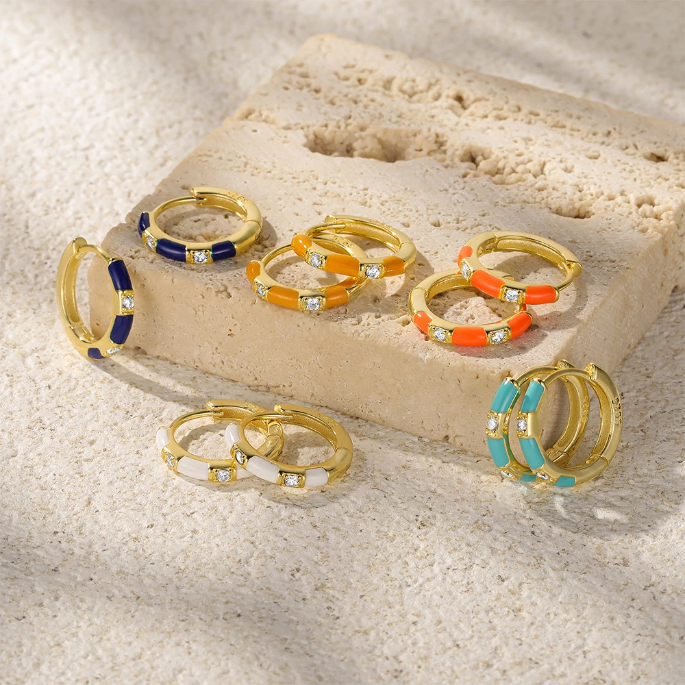 Colorful Enamel Zircon Splicing Hoop Earring For Women Genuine 925 Sterling Silver Gold Color Circle Earring Fine Jewelry