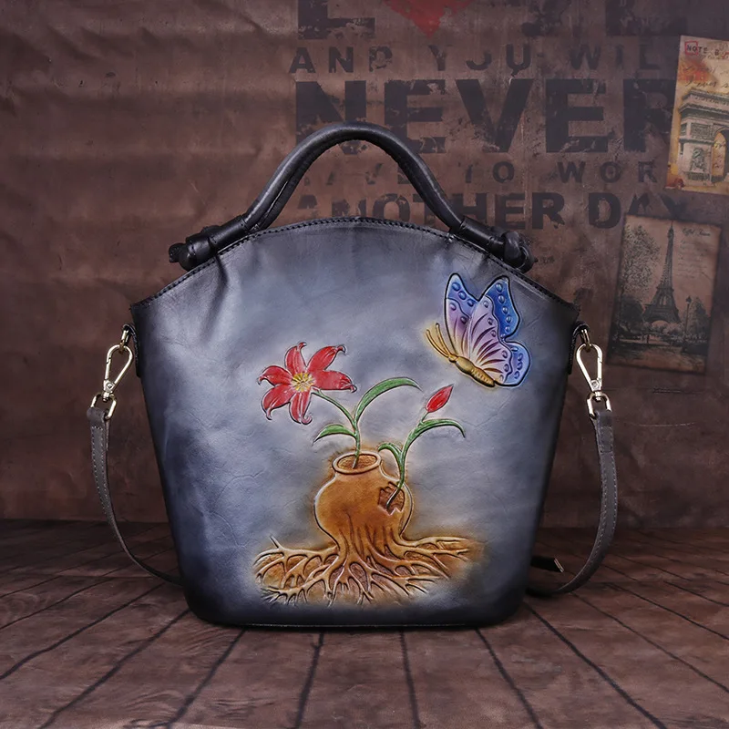 Johnature Handmade Retro Female Luxury Handbags Women Bags 2024 New Bucket Bag Embossing Cowhide Leisure Shoulder & Crossbody