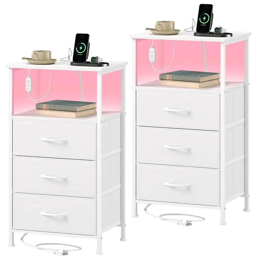 

Nightstands Set of 2,Bedside Tables with Charging Station and LED Lights,Night Stand with 3 Fabric Drawers, End Tables with Open