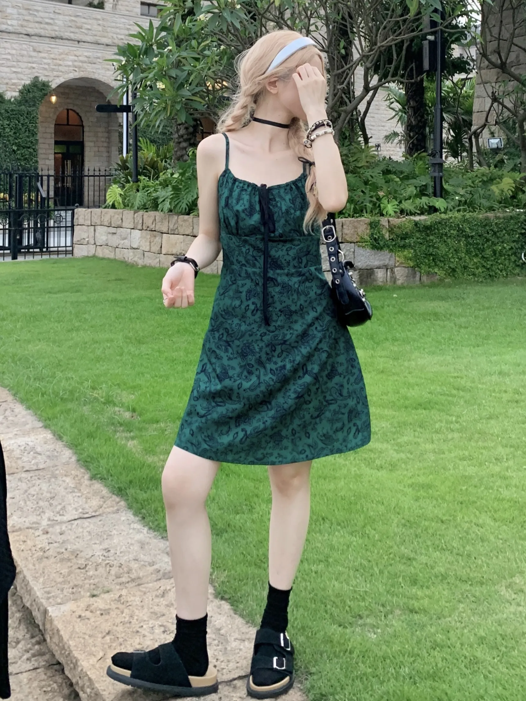 

Slimming plus Size Women's Vintage Print A-Line Short Skirt Elegant Belted Watercolor Halter Dress Spring Fashion Set