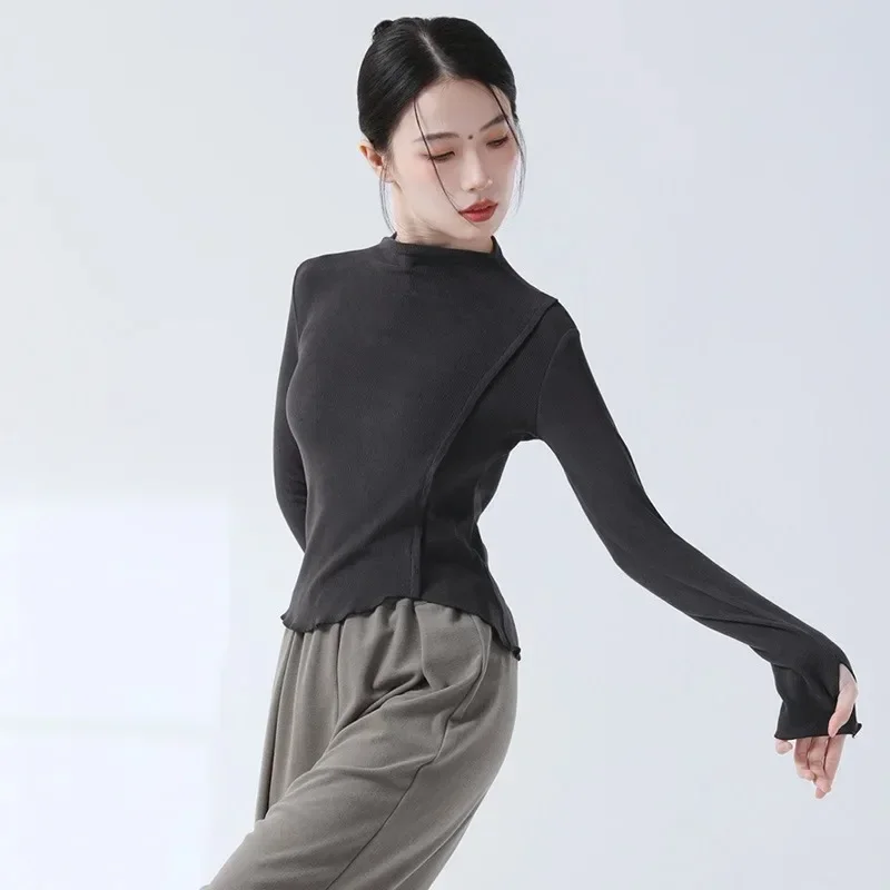 Modern Dance Practice Clothing Knitted High Neck Finger Sleeve Solid Colour Tops Traditional Chinese Clothes Women Stage Costume