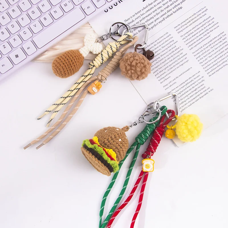 Creative Plush Knit Fried Chicken Legs Key Chain Cartoon Burger Simulation Food Pendant Car Key Bag Decoration Delicious Keyring view 4