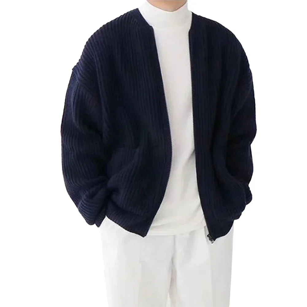 

Men Zip Up Knitted Cardigan Lined Funnel Neck Sweater w Pockets Casual and Comfortable Classic Solid Pattern Navy blue