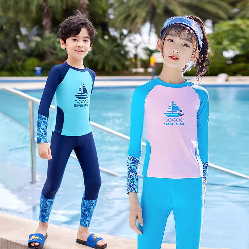 

Long Sleeve Beach Bathing Suit for Boys and Girls, Quick-drying Two Piece Sets, Swimwear for Kids, UV Sun Protective