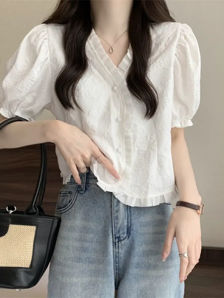 

Французская женская блузка с коротким рукавом и V-образным вырезом, с рукавами-фонариками, весенняя модная новинка, элегантный укороченный топ для утонченных дам