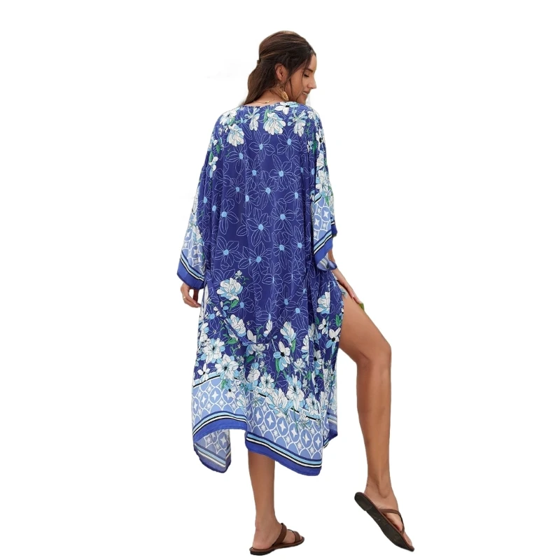 Cardigans Kimono à fleurs pour femmes, manches longues, robe plage ample, Cover-Up pour les maillots bain