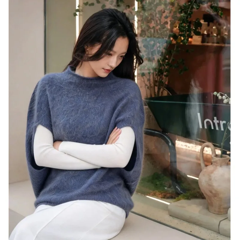 Women Fuzzy Knit Poncho Top Mock Neck Sleeveless Soft Fluffy Pullover Loose Mid Length Knit Sweater Vest Ladies Casual Tunic
