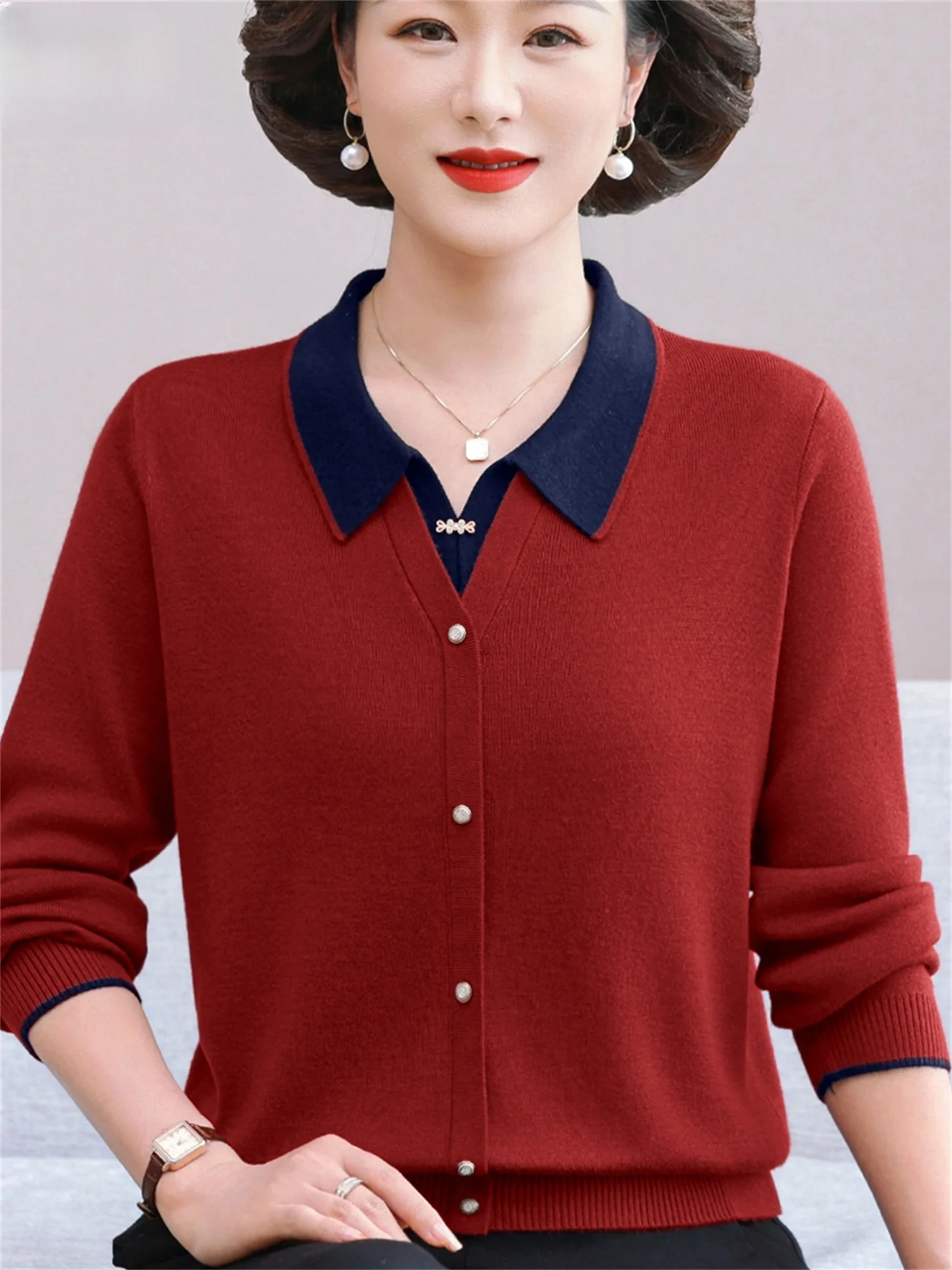 

Sli Mommy Autumn Faion Knitted Long Sve Turn-down Collar Base Layer Top for Women over 50 Years Old Casual Wear