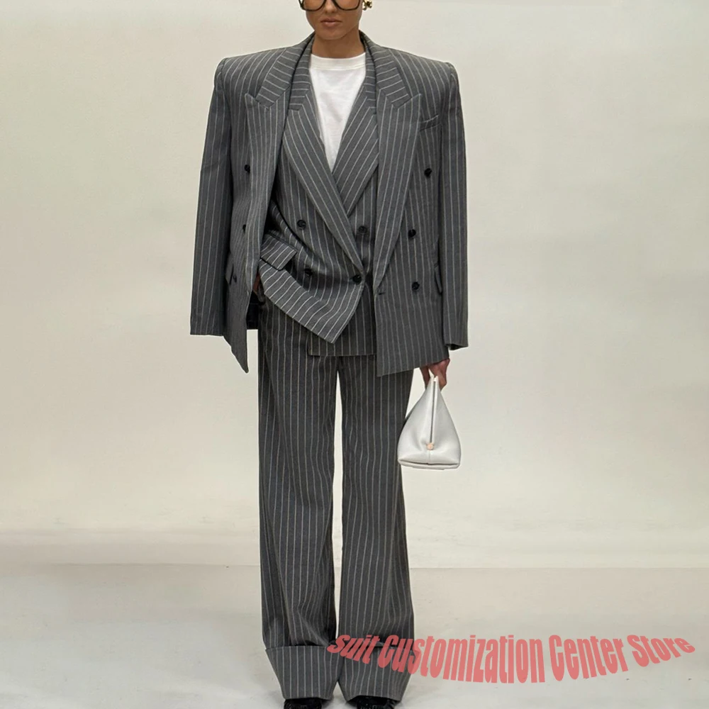 

Шерстяной женский пиджак унисекс в тонкую полоску большого размера + брюки, комплект свободного покроя, формальный костюм из двух предметов, модная уличная одежда, одежда в офисном стиле