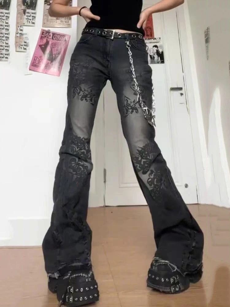 여성 빈티지 프린트 플레어 데님 팬츠 하라주쿠 스트릿 슬림 로우 웨이스트 고딕 아메리칸 Y2K 워싱 진 트라우저