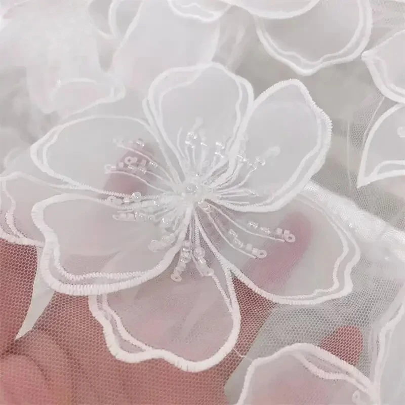 -White Large Flowers Beaded Sequins Wedding Dress Lace Fabric.3D Embroidered Applique Beautiful Bride  Decoration Accessories