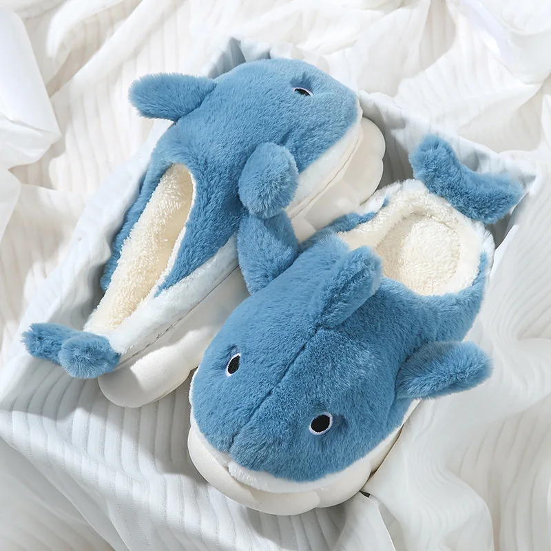 Cute Whale Cotton Slippers Female Winter Couple Indoor Home Men's Winter Cartoon Warm Wool Soft Non-slip Slippers