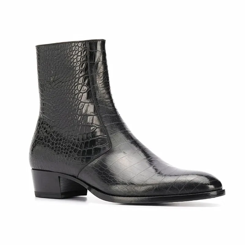 Genuine Leather Pionted Toe Crocodile pattern Cowhide Chealsea Boots Dress Wedding Man classical Wedding Botas