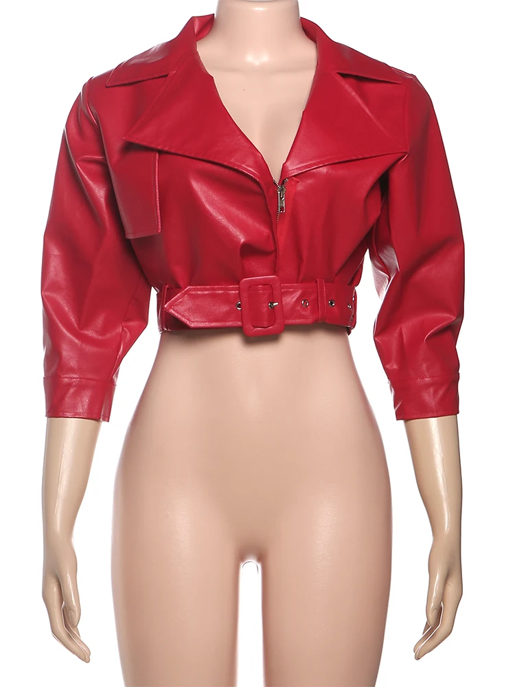 

Weird Puss Роскошная укороченная куртка женская из искусственной кожи осень дикий глубокий v-образный вырез элегантный ремень с пряжкой на молнии с длинным рукавом уличная офисная классическая куртка