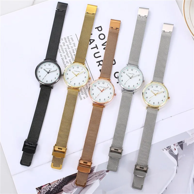Simple Women Quartz Wristwatch Number Dial Luminous Pointer and Dial Ladies Watch with Mesh Strap or Magnetic Buckle strap