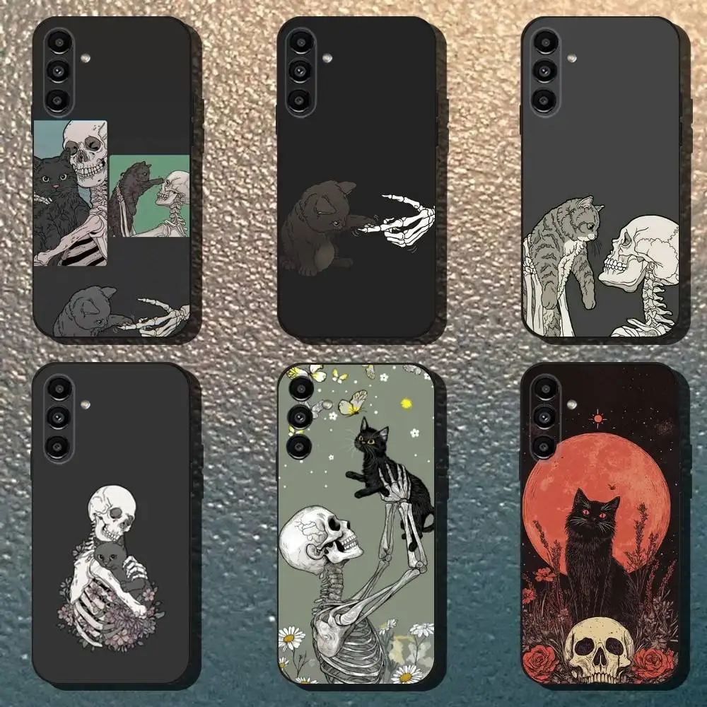 

Skeleton Cat Painted Phone Case For Samsung Galaxy A13,A21s,A22,A31,A32,A52,A53,A71,A80,Soft Black Shell