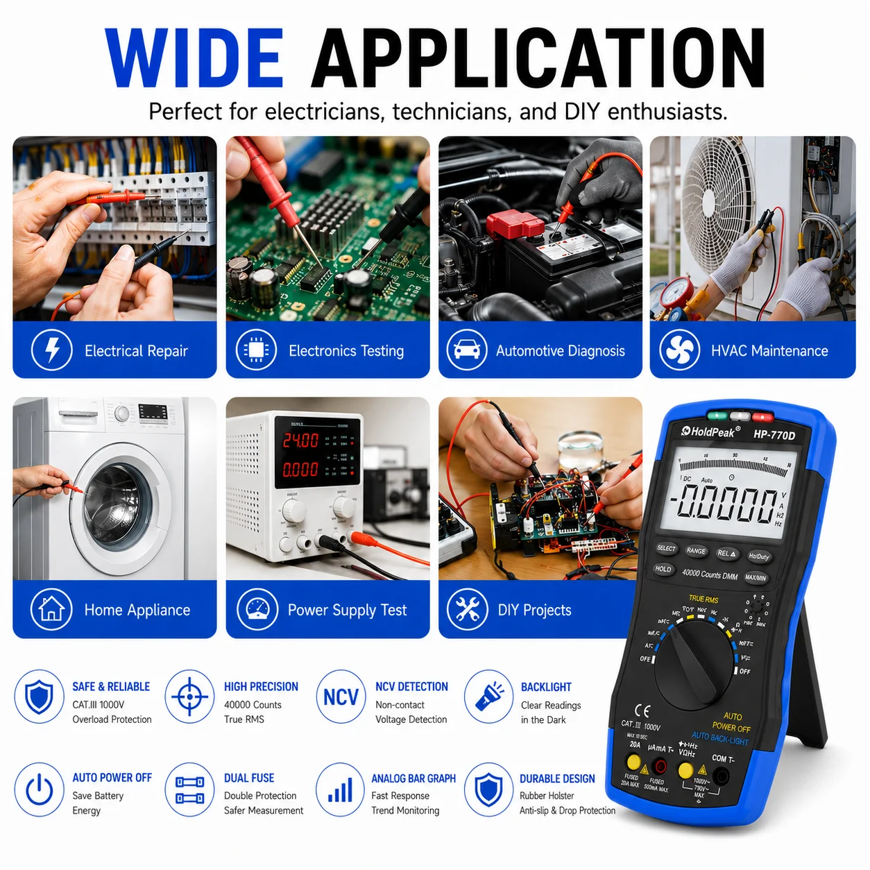 HP-770D True RMS Digital Multimeter 40000 Counts Auto Range NCV HVAC Voltage Current Tester with Temperature Test Capacitance