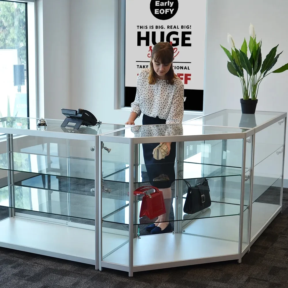 KEWAY L Shape Jewelry Display Counter Corner Showcase Retail Glass Cabinet