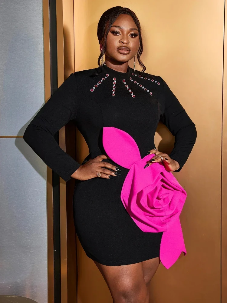 

Женское осенне-зимнее элегантное черное мини-платье с высоким воротом и бисером в форме розы, вечерние платья для банкета и дня рождения