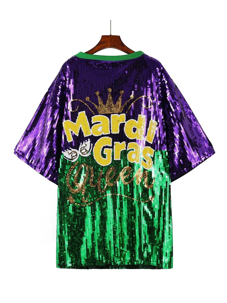 Mardi Gras Queen brillant violet vert jaune masque couronne imprimé paillettes t-shirt robe ample surdimensionné paillettes tunique haut