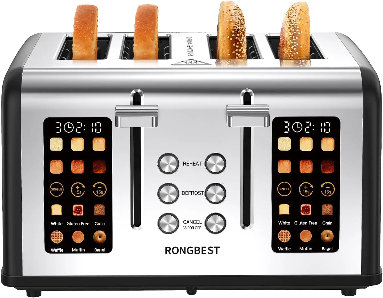 

4-Slice Stainless Steel Toaster, 1.5" Wide Slots, Touchscreen, Even Toasting for Bagels & Bread, Reheat & Defrost, Removable Crumb Tray, Matte Black