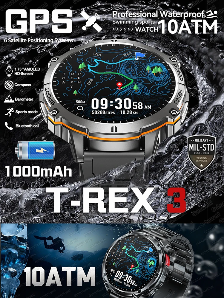 2026 Nieuwe T-Rex 3 Pro Smartwatch 1100mAh Lange Batterijduur Dual-Band GPS 10ATM Waterdicht Militaire Kwaliteit Sport Outdoor Smartwatches - afbeelding 2