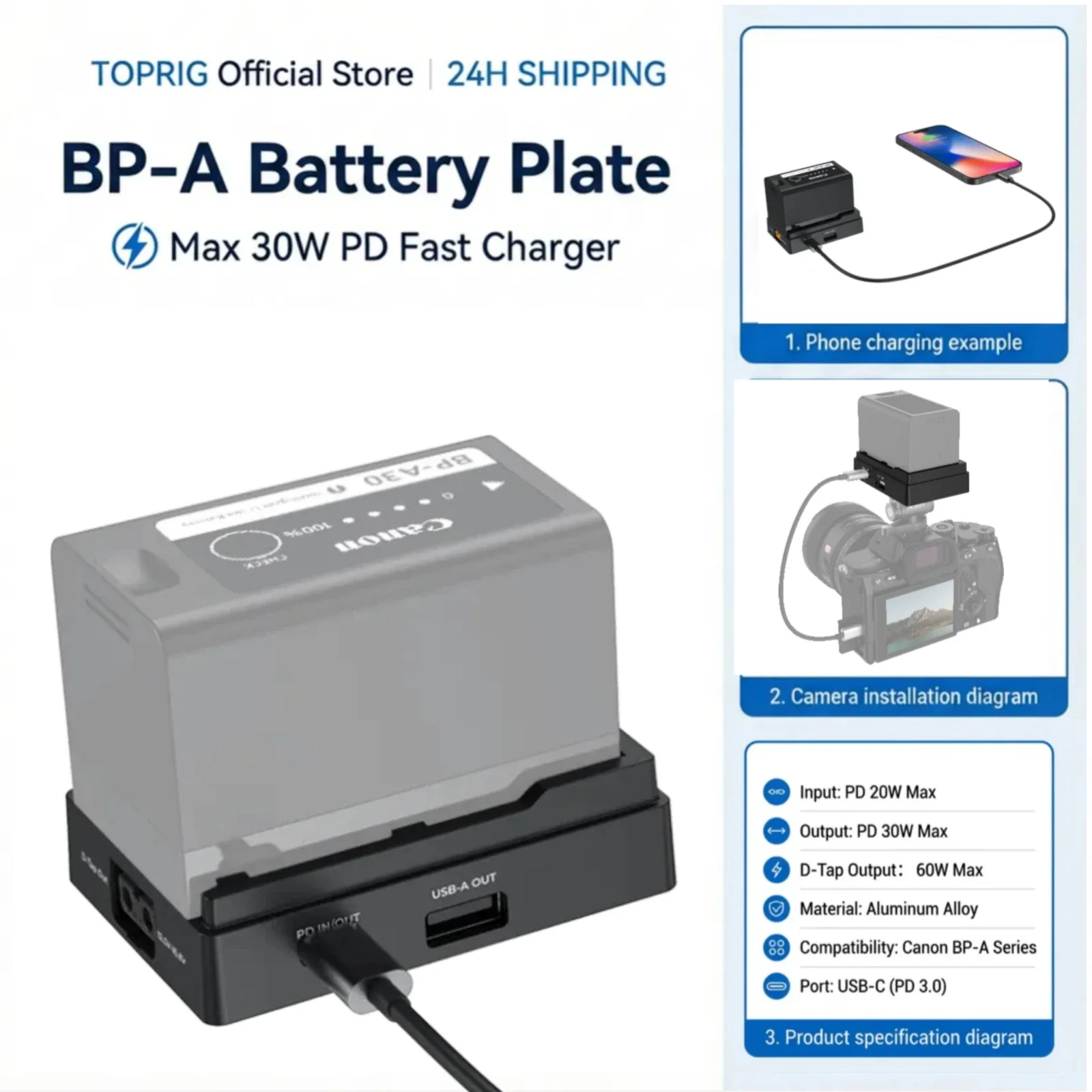 لوحة محول بطارية Toprig BP-A لـ BP-A30/BP-A60/BP-A90 PD20W شحن سريع LED مع برغي 1/4 بوصة، متوافقة مع Canon