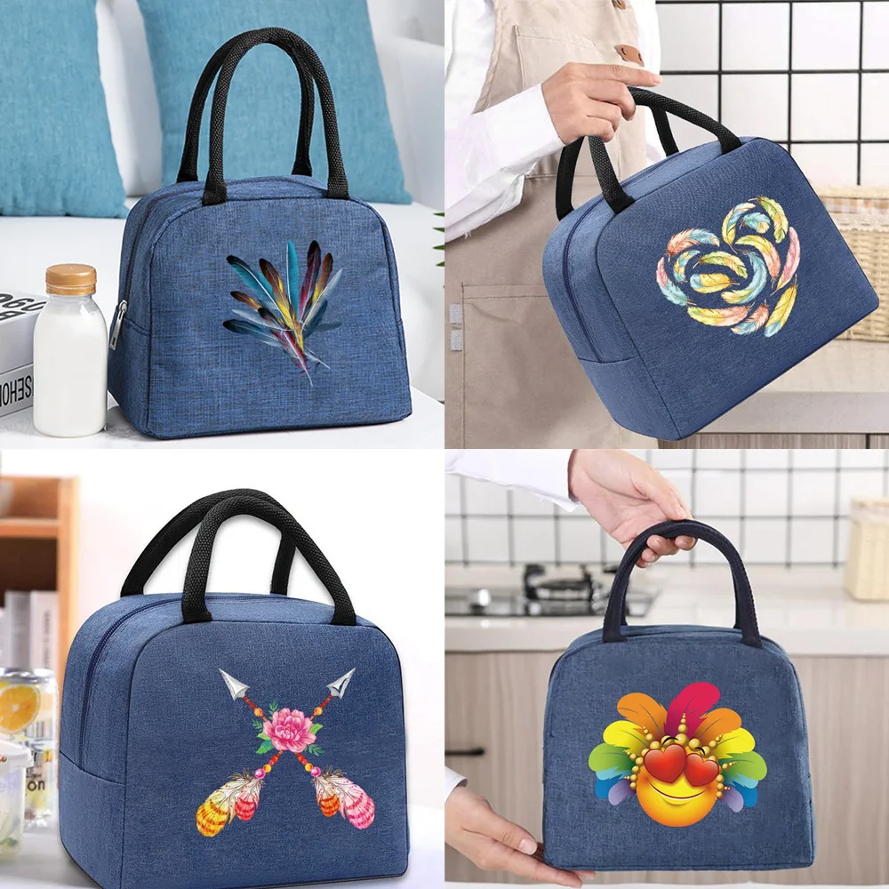 Lunch Bag Thermal Cooler Tote for Work Insulated Canvas Zipper Travel Food  Picnic Storage Bags Unisex  Feather Series Handbag