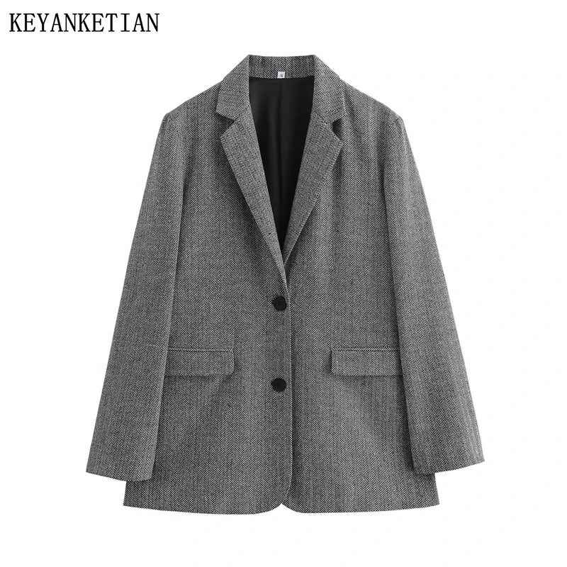 KEYANKETIAN Winter New Women's Herringbone Wool Suit Retro style Single Breasted Flap Pockets Loose Blazer Office Lady Outerwear