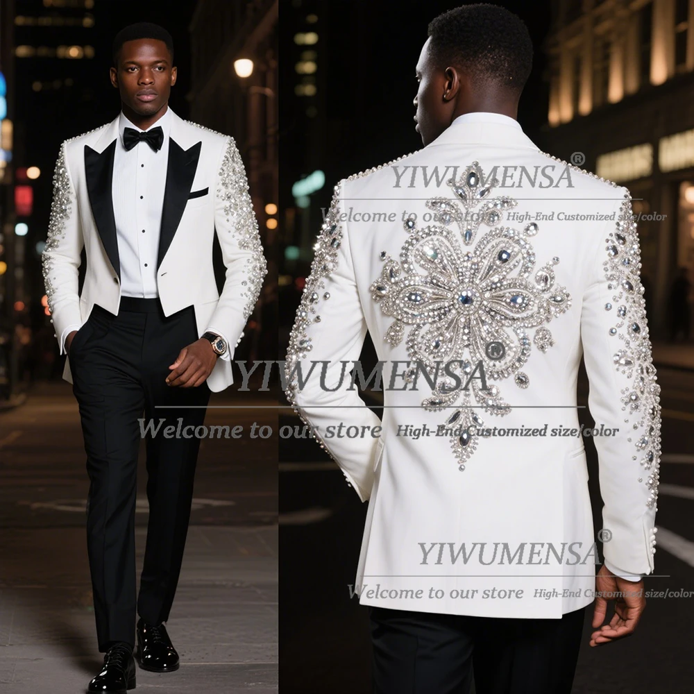 

Блестящие костюмы с камнями из бисера, мужские комплекты из 2 предметов, черные пиджаки с остроконечными лацканами для жениха, свадебные смокинги по индивидуальному заказу, последний костюм для мужчин