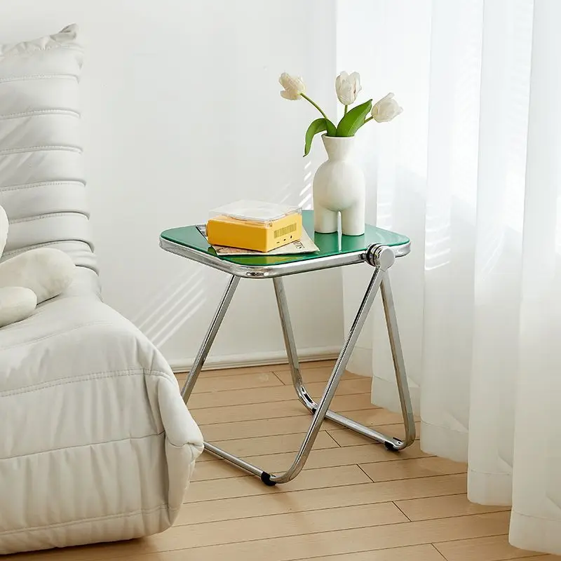 Foldable Green Glass Top Side Table Chrome Metal Frame Small Square End Table Portable Lightweight Coffee Table For Living Room