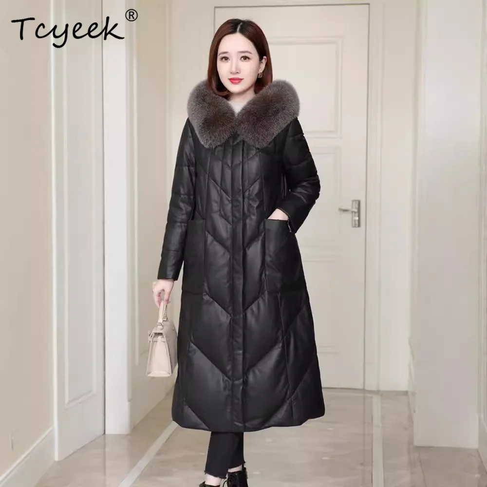 Tcyeek Pelle di pecora Piuma d'anatra bianca Autunno Inverno Con cappuccio Nero Giacca in vera pelle da donna di media lunghezza Жakiıyжаglas Куртка