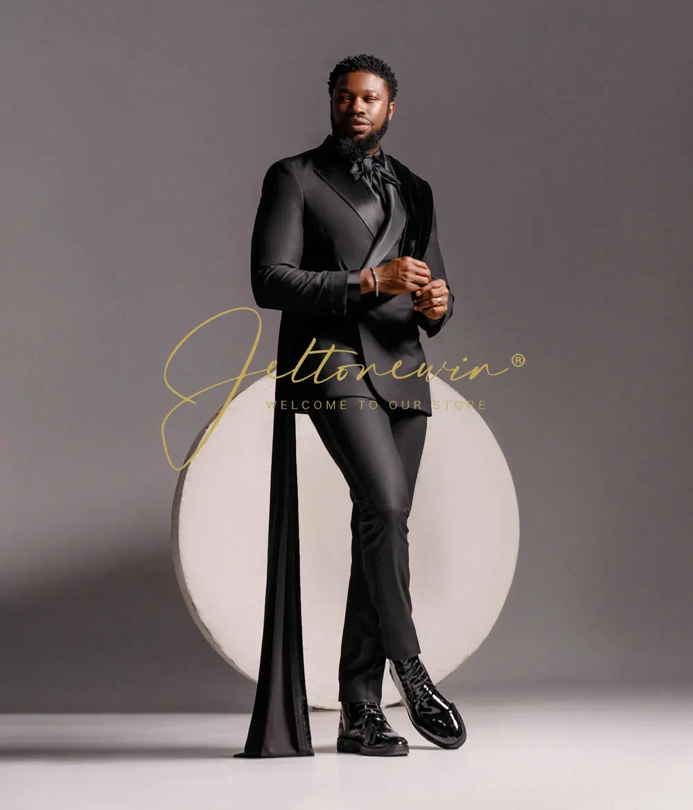

Men's Black Formal Suit with Long Decorative Waist Sash Slim Fit Wedding Groom Tuxedo Blazer and Pants Set costumes hommes
