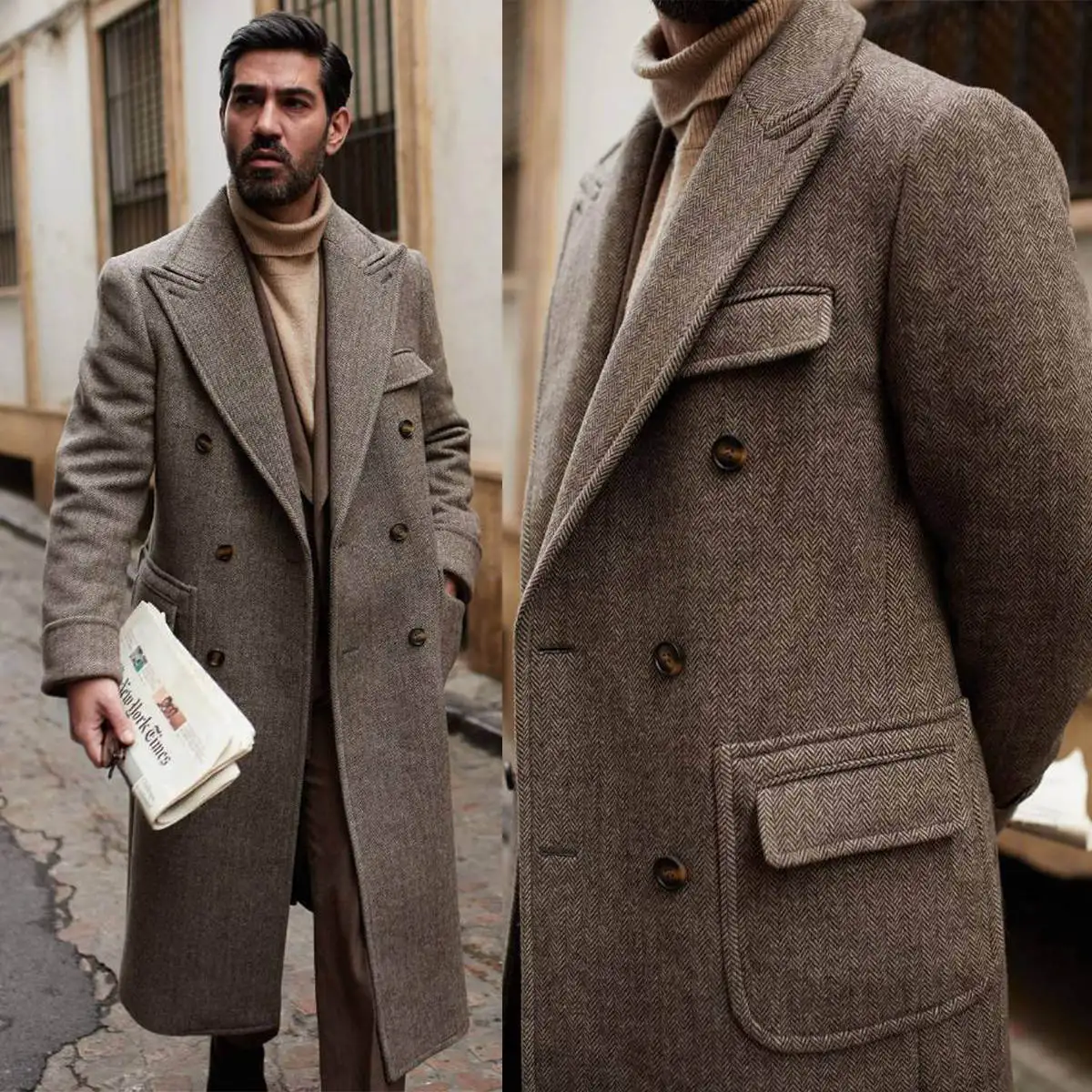 

Handsome Men Long Coat Fashion Herringbon Wool Blends Button Overcoat Double Breasted Winter Warm Plus Size Men Suits Customized