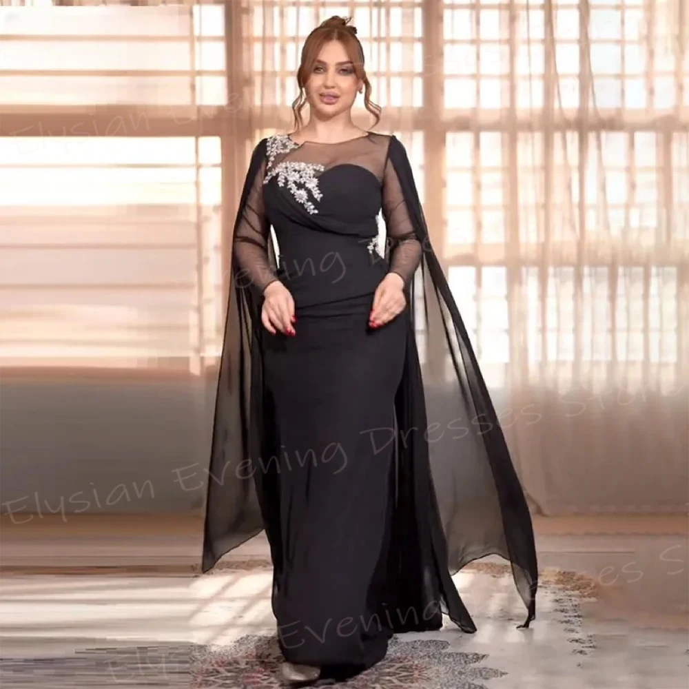 Classic Black Women's Mermaid Charming Evening Dresses Simple O Neck Long Sleeve Prom Gowns Appliques فساتين سهره نسائيه فخمة