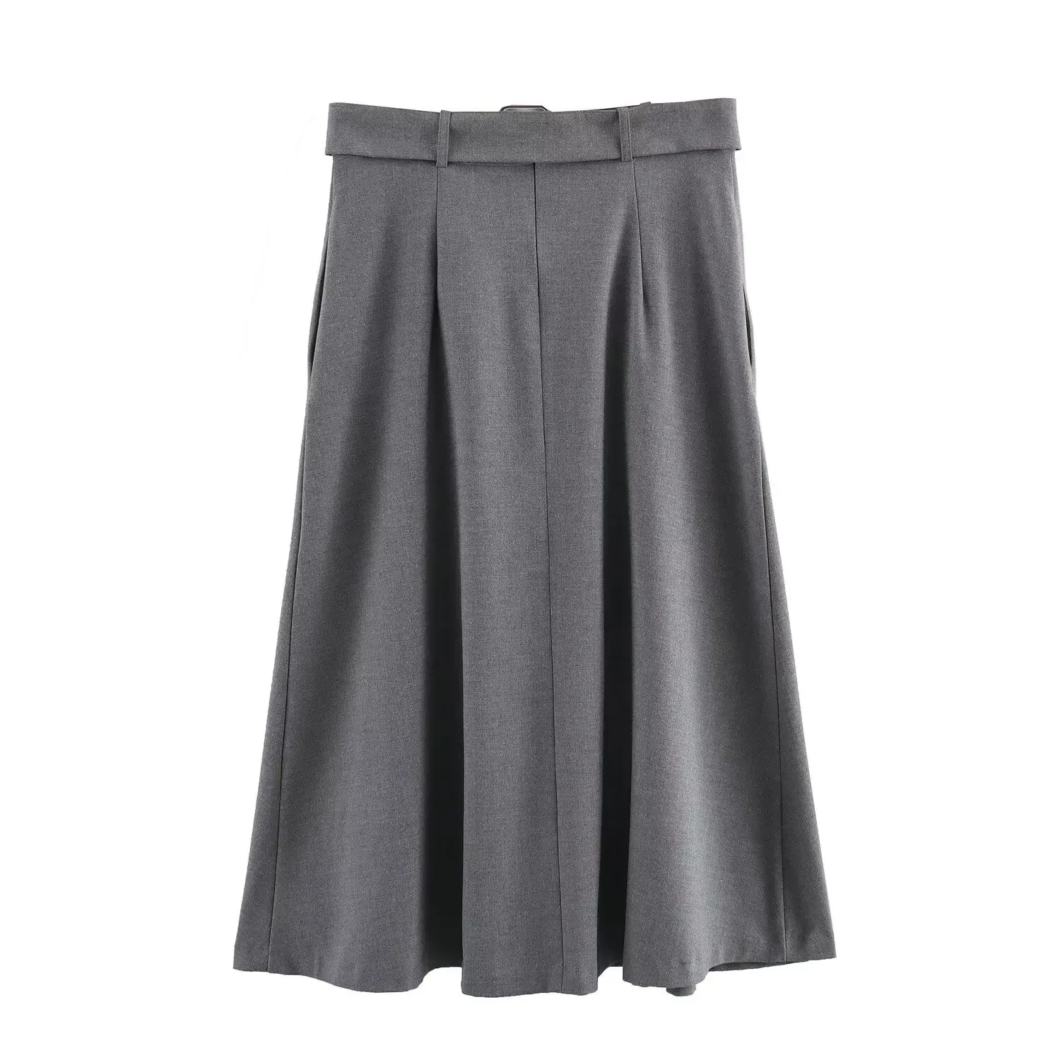 Maxdutti French Elegant Gray Simple Skirt Fashion High Waist A-line Casual Midi Skirt Skirt Women Faldas Mujer Moda 2024 Skirts