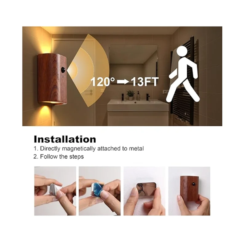 ABKD LED Wooden Table Lamp Human Body Sensing Infrared Night Light Motion Sensor Night Lights Rechargeable Sconces Wall Light