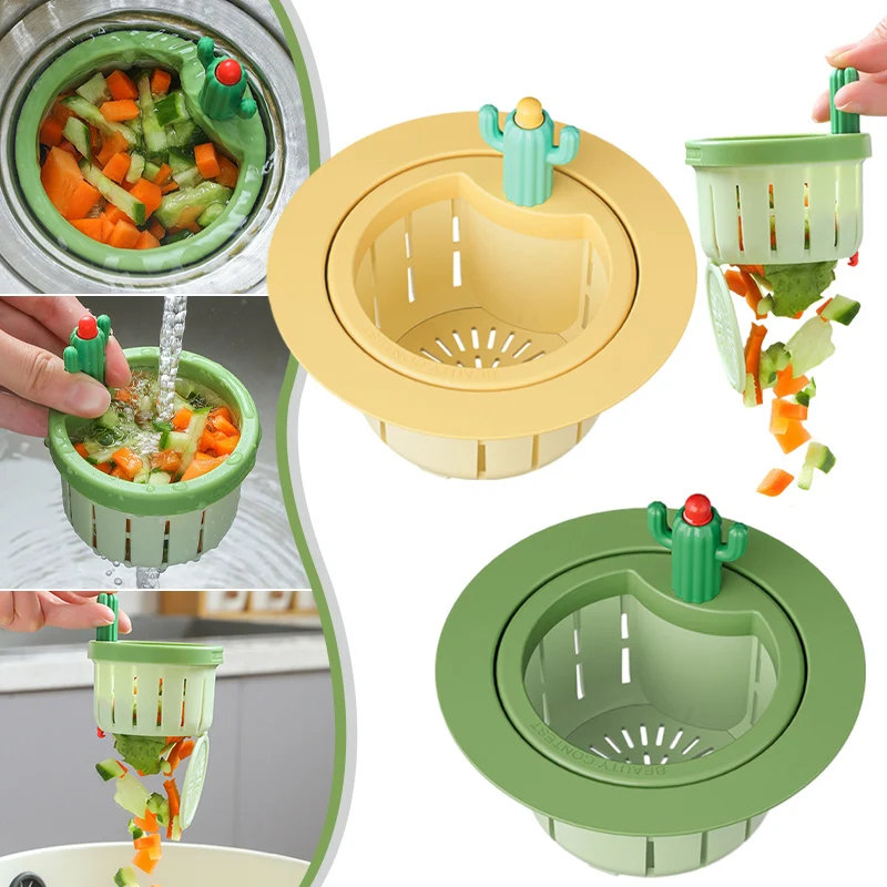 Cactus Shape Sink Drain Basket Kitchen Automatic Press Dumping Filter Basket  Plastic Food  Sink DrainingStrainer with Handle