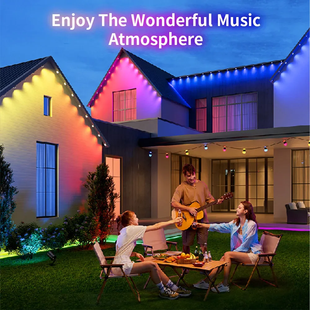 RGB Eaves LED Lights APP Bluetooth Strip Scene Modes 15M-90M Permanent Outdoor Light String for Wedding Outdoor Party Home Decor