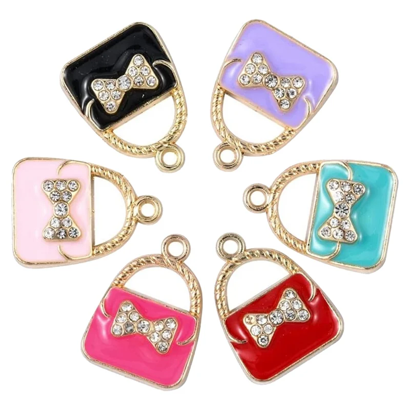 60 Buah 6 Warna Enamel Busur Tote Charm Kristal Berlian Imitasi LightGold Tote Charm Kecil untuk Perhiasan