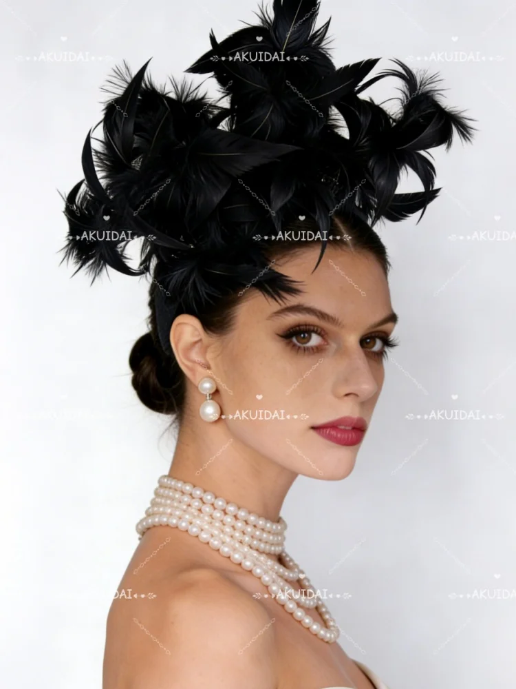 Black Feather Headbands Exaggerated Personality Headdress Bridal Headwear Antiskid Delicate Ladies Derby Party Tea Headpieces
