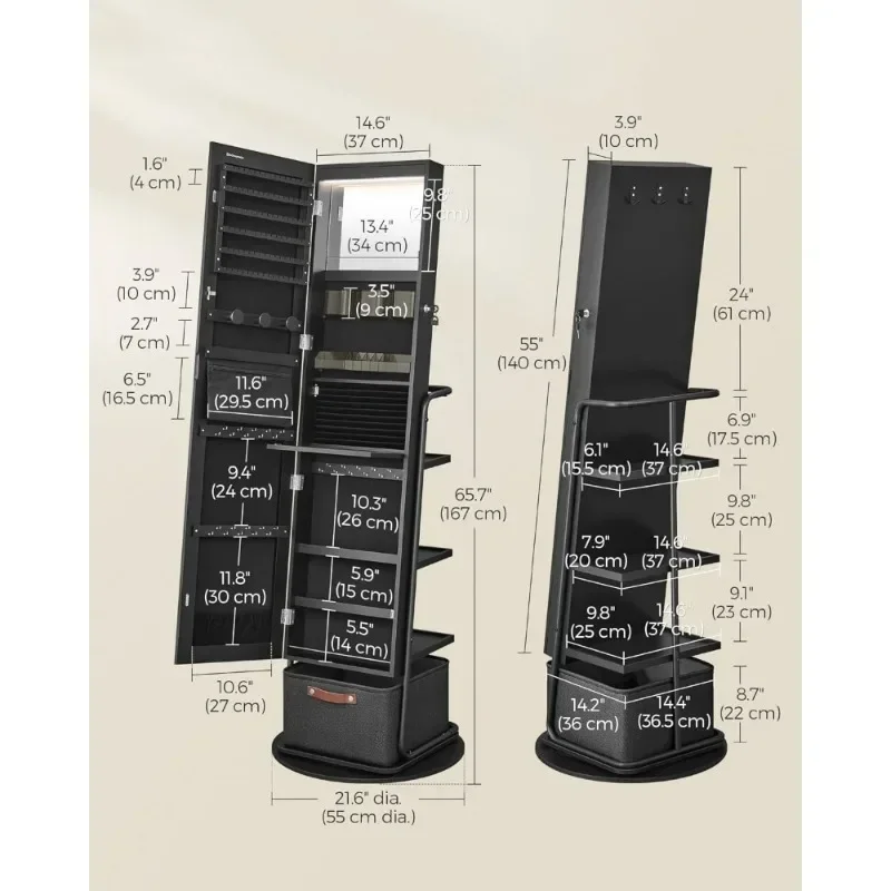 l 360° Swivel Mirrored Jewelry Cabinet with Lights, Full-Length Mirror with Jewelry Storage, Standing Jewelry Armoire Organizer