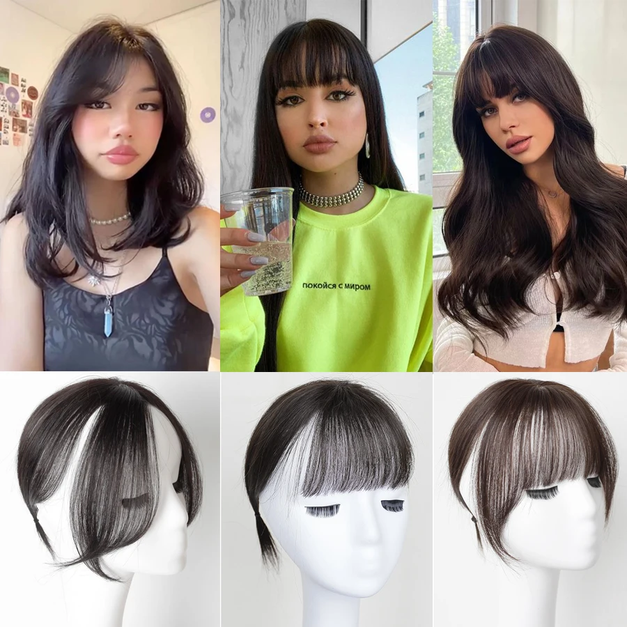 LANLAN 3D Middle-part French Bangs Hair Extension Clip in the Front Side Synthetic Fiber Air Bangs Hairpiece Hair Extension.