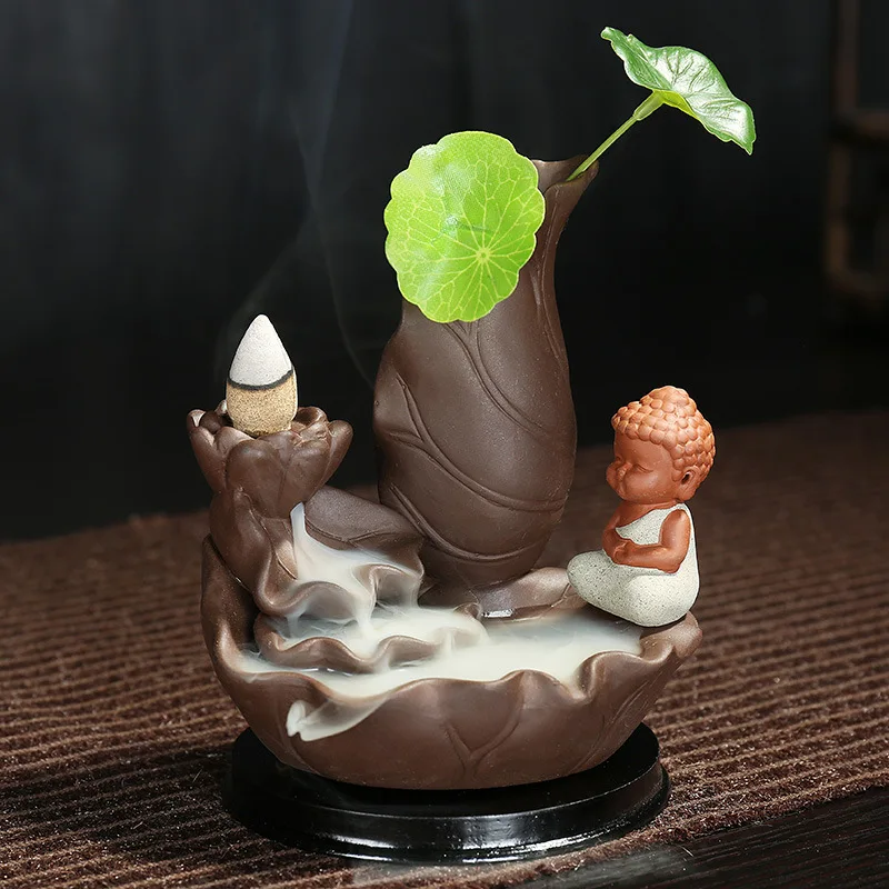 Backflow Incense Burner Smoke Will Flow Back Lotus Rhythm with Little Monk Flower Arrangement Creative Ornament